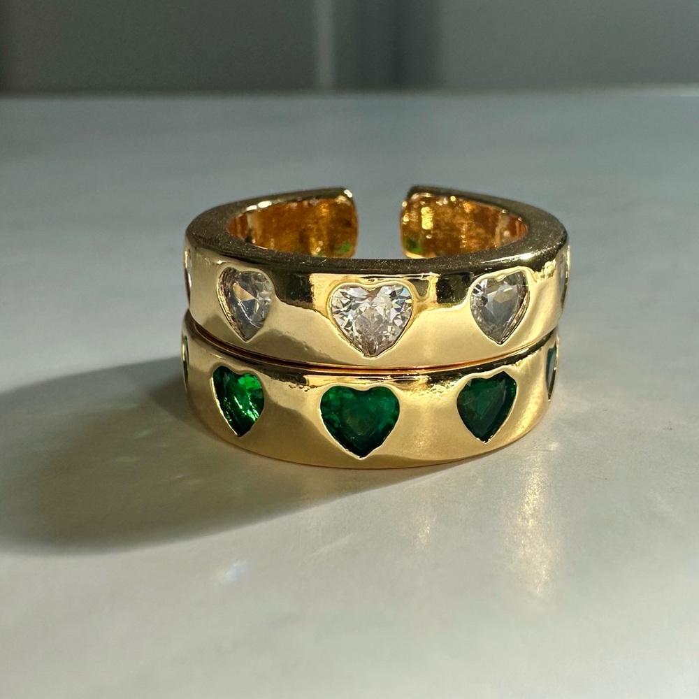 Gold and Green Heart CZ Rings Set of 2